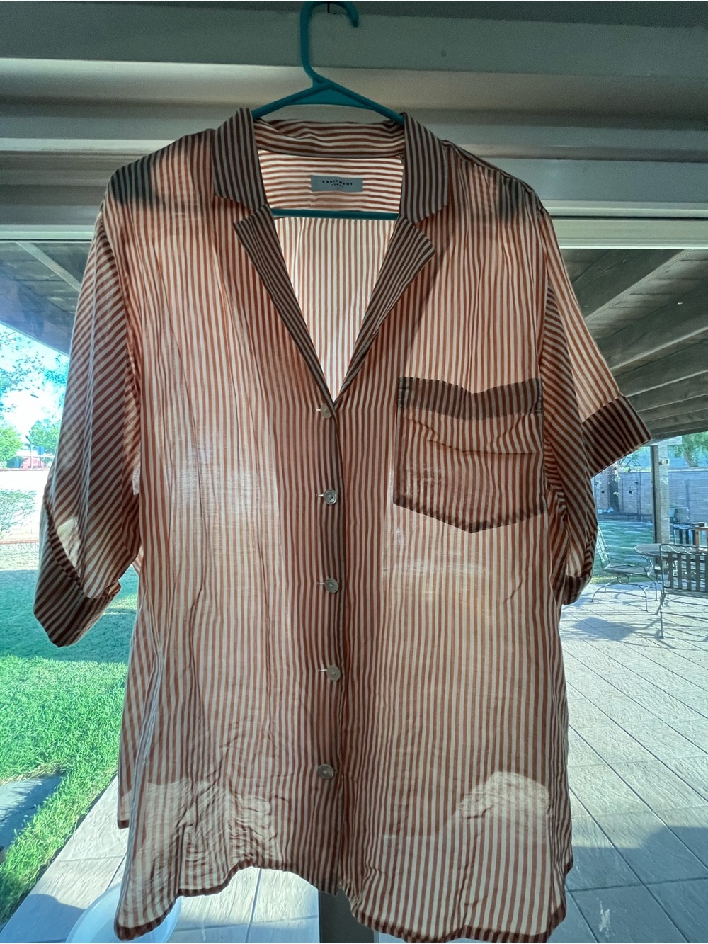 Equipment Brown and Beige Striped Short-Sleeve Shirt Jacket